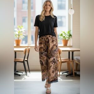 U-16 Umgee Large Brown and Teal Print Wide Leg Pants